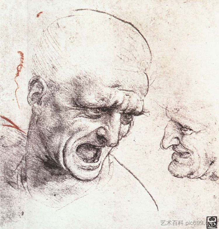 研究“安吉亚里战役”中两名士兵的头颅 Studies for the heads of two soldiers in 'The Battle of Anghiari' (c.1490 - c.1512; Florence,Italy ),达芬奇