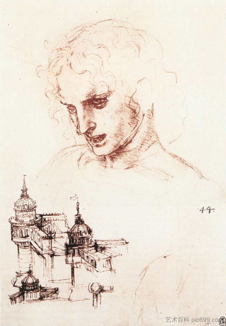 使徒头像的研究和建筑研究 Study of an apostle's head and architectural study (c.1496; Milan,Italy  )，达芬奇