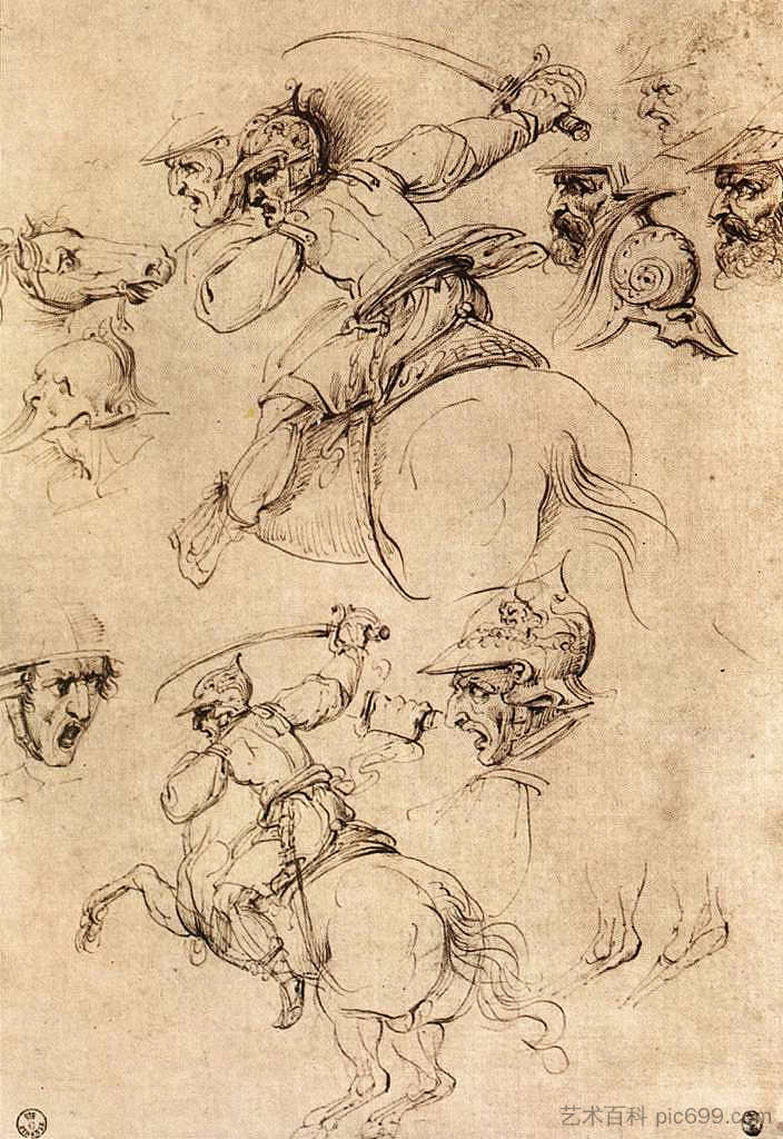 马背上的战斗研究 Study of battles on horseback (c.1504; Florence,Italy  )，达芬奇