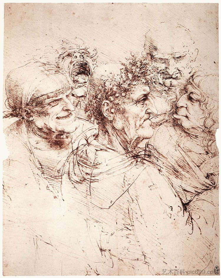 研究五个怪诞的头 Study of five grotesque heads (c.1494; Milan,Italy  )，达芬奇