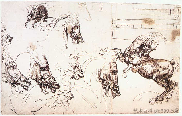 安吉亚里战役中的马匹研究 Study of horses for the Battle of Anghiari (c.1503; Florence,Italy  )，达芬奇