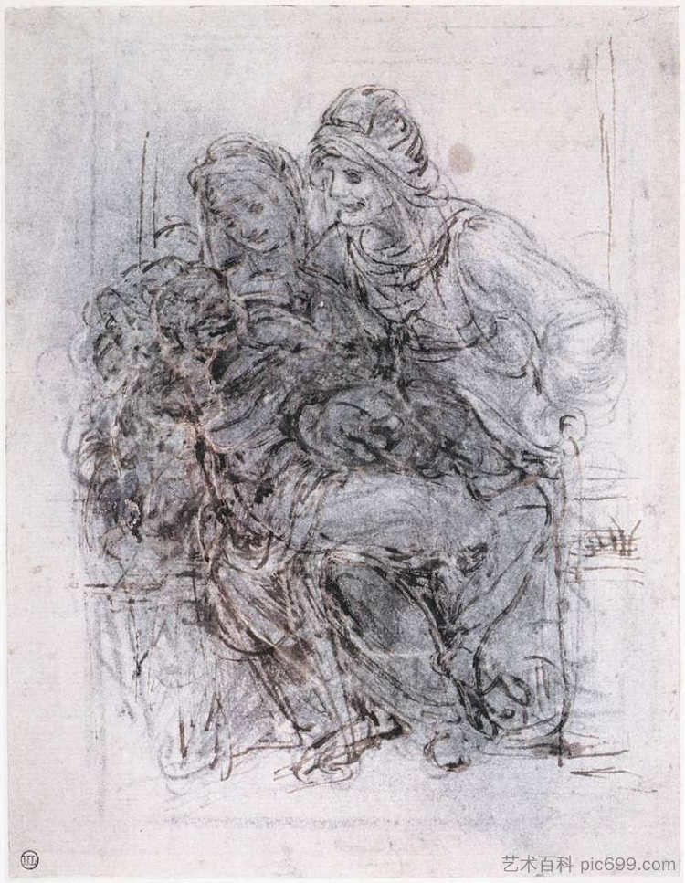 圣安妮、玛丽和圣婴研究 Study of St Anne, Mary and the Christ Child (c.1503; Florence,Italy  )，达芬奇