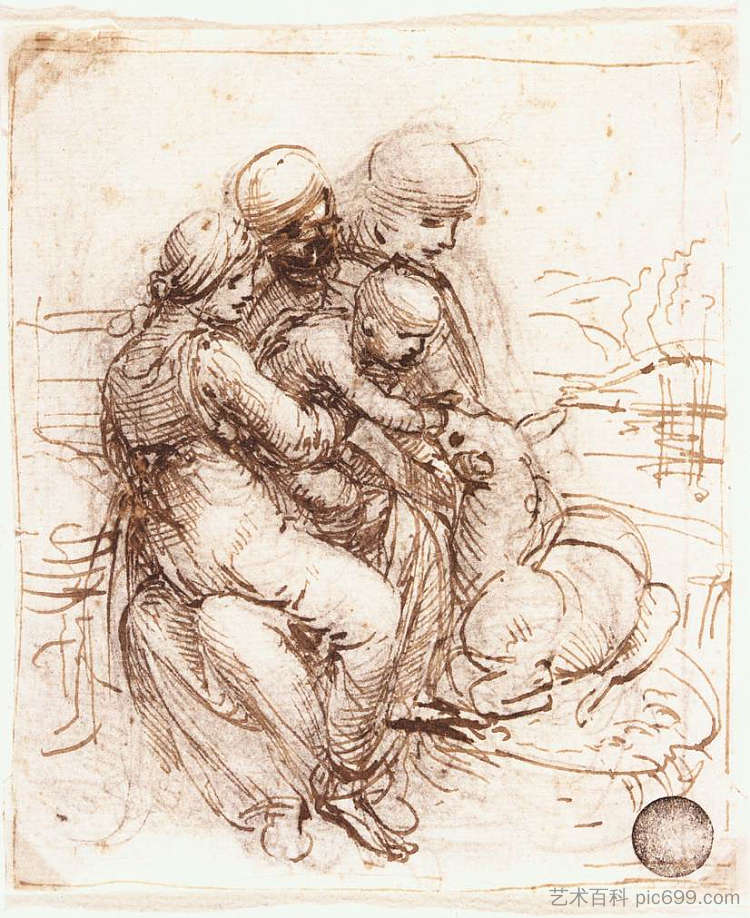 研究圣安妮，玛丽，圣婴和年轻的圣约翰 Study of St. Anne, Mary, the Christ Child and the young St. John (c.1503; Florence,Italy  )，达芬奇