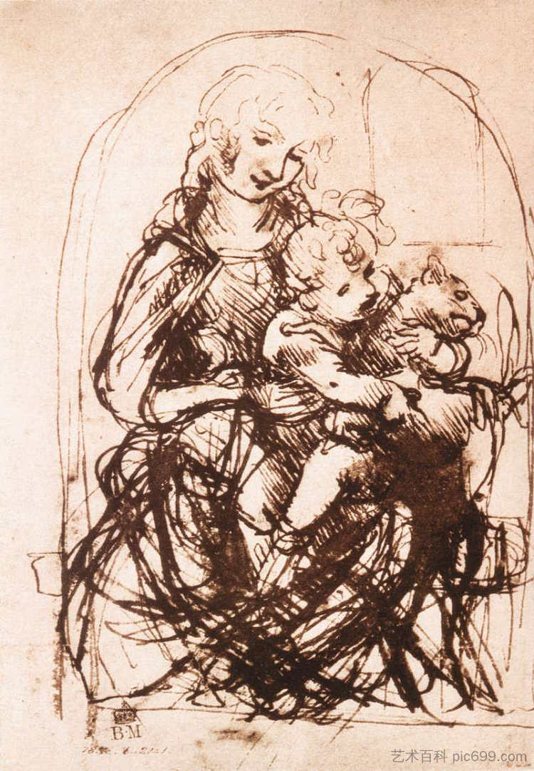 麦当娜和孩子与猫的研究 Study of the Madonna and Child with a Cat (c.1478; Milan,Italy  )，达芬奇