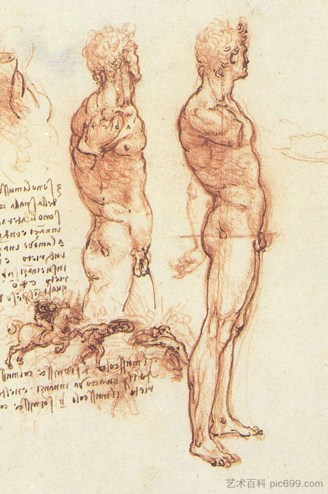 男性裸体的解剖结构和战斗场景 The anatomy of a male nude and a battle scene (c.1505; Florence,Italy  )，达芬奇