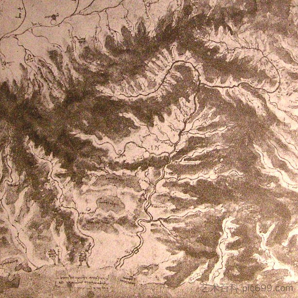 河谷地形图 Topographical drawing of a river valley (c.1500; Italy  )，达芬奇