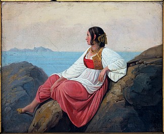 坐在卡普里岛岩石上的年轻意大利女子 Young Italian woman sitting on the rocks in Capri (1827)，路易斯·利奥波德·罗伯特