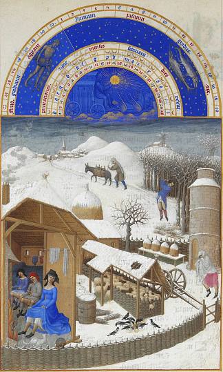 日历：二月（农民的农场场景） Calendar: February (Farmyard Scene with Peasants) (1416)，林堡兄弟