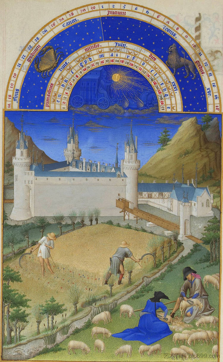 日历:7月(收获和剪羊毛) Calendar: July (Harvesting and Sheep Shearing) (1416),林堡兄弟
