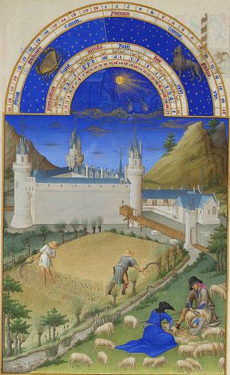 日历：7月（收获和剪羊毛） Calendar: July (Harvesting and Sheep Shearing) (1416)，林堡兄弟