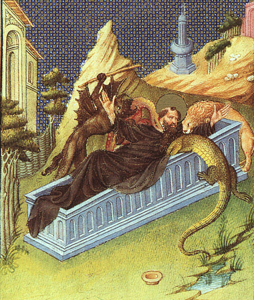 圣安东尼被恶魔袭击 St. Anthony Attacked by Devils (c.1408; France  )，林堡兄弟