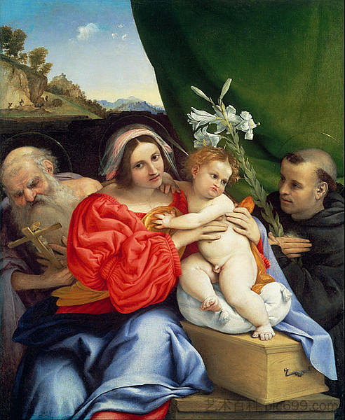 圣母子与圣徒杰罗姆和托伦蒂诺的尼古拉斯 Virgin and Child with Saints Jerome and Nicholas of Tolentino (c.1523 - c.1524; Italy  )，洛伦佐·洛图