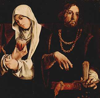雷卡纳蒂息肉祭坛，右翼加冕：锡耶纳的圣凯瑟琳和圣西吉斯蒙德 Altar of Recanati polyptych, crowning of the right wing: St. Catherine of Siena, and St. Sigismund (1508; Italy                     )，洛伦佐·洛图