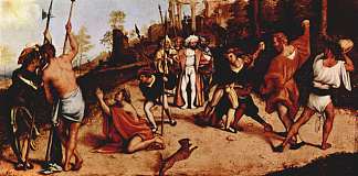 贝加莫圣巴托洛梅奥的祭坛息肉，脚板：圣斯蒂芬的殉难 Altar polyptych of San Bartolomeo, Bergamo, foot plate: Martyrdom of St. Stephen (1516; Italy                     )，洛伦佐·洛图