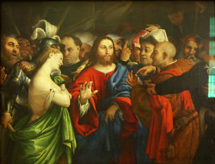 基督与 Christ and the Adulteress (c.1528; Italy  )，洛伦佐·洛图