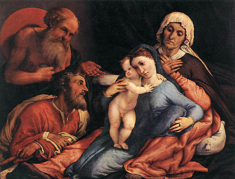 麦当娜和孩子与圣杰罗姆，圣约瑟夫和圣安妮 Madonna and Child with St. Jerome, St. Joseph and St. Anne (1534; Italy  )，洛伦佐·洛图