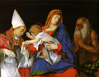 麦当娜与主教和圣奥努弗里乌斯 Madonna with a Bishop and St. Onuphrius (1508; Italy                     )，洛伦佐·洛图
