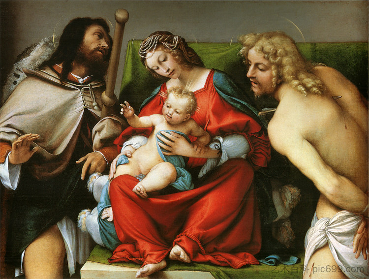 麦当娜与圣洛克和圣塞巴斯蒂安 Madonna with St. Roch and St. Sebastian (c.1522; Italy  )，洛伦佐·洛图