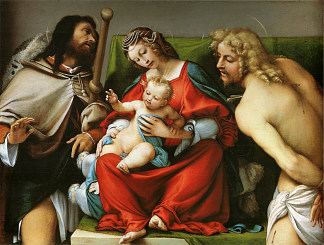 麦当娜与圣洛克和圣塞巴斯蒂安 Madonna with St. Roch and St. Sebastian (c.1522; Italy                     )，洛伦佐·洛图