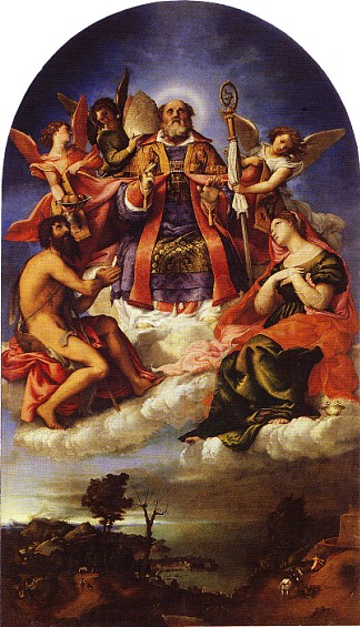 圣尼古拉斯与施洗者圣约翰的荣耀，圣露西及以下圣乔治屠龙 St. Nicholas in Glory with St. John the Baptist, St. Lucy and below St. George Slaying the Dragon (1529; Italy                     )，洛伦佐·洛图