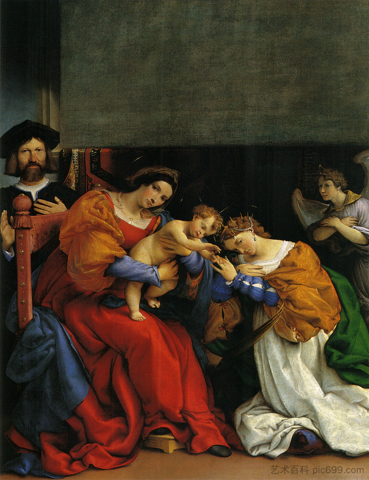 圣凯瑟琳与赞助人尼依格罗·邦吉的神秘婚姻 The Mystic Marriage of St. Catherine with the patron Niccolo Bonghi (1523; Italy  )，洛伦佐·洛图