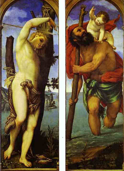 三联画的翅膀：圣塞巴斯蒂安，圣克里斯托弗 Wings of a triptych: St. Sebastian, St. Christopher (1531; Italy  )，洛伦佐·洛图