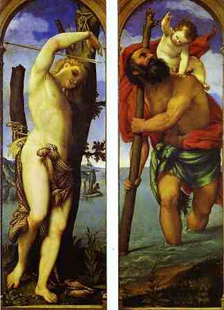 三联画的翅膀：圣塞巴斯蒂安，圣克里斯托弗 Wings of a triptych: St. Sebastian, St. Christopher (1531; Italy                     )，洛伦佐·洛图