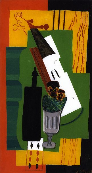 小提琴，玻璃瓶花和八黑桃 Violin, Bottle Flowers in a Glass and Eight of Spades (1919)，刘易斯·马库锡