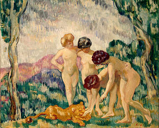 年轻女孩与幼狮玩耍 Young Girls Playing with a Lion Cub (c.1905 – c.1906)，刘易斯·瓦尔塔