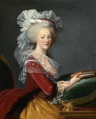 身着深红色连衣裙的法国女王玛丽-安托瓦内特的肖像，手里拿着一本书 Portrait of Marie-Antoinette Queen of France in crimson dress holding a book，伊丽莎白·维杰·勒布伦