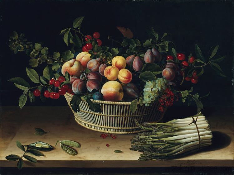 静物与一篮水果和一束芦笋 Still Life with a Basket of Fruit and a Bunch of Asparagus (1630)，路易丝莫永