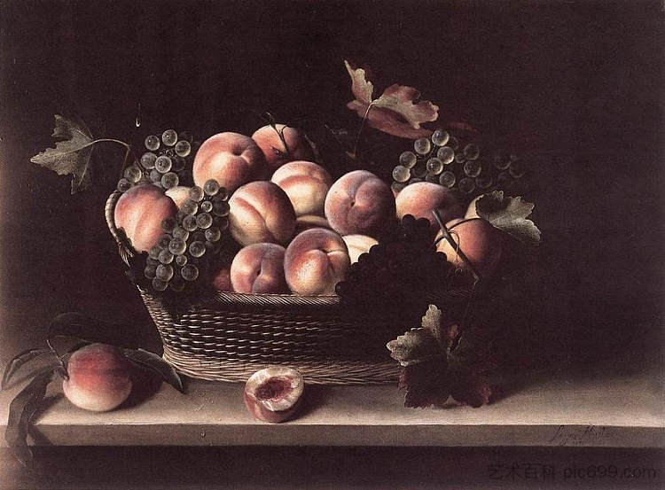 装有桃子和葡萄的篮子 Basket with Peaches and Grapes (1631; France  )，路易丝莫永