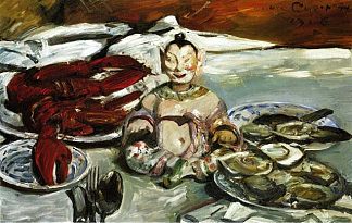 静物与佛龙虾和牡蛎 Still Life with Buddha-Lobsters and Oysters (1916)，洛维斯·科林斯