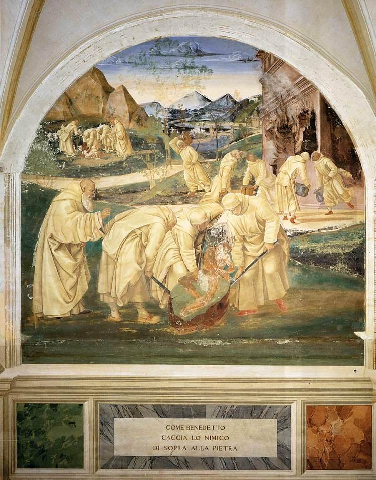 圣本尼迪克特的一生。本尼迪克特将魔鬼赶出石头 Life of St. Benedict. Benedict Drives the Devil out of a Stone (1499 - 1502)，路加·西诺雷利