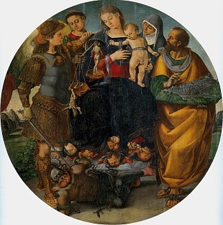 圣母子与圣迈克尔、萨拉戈扎的文森特、科尔托纳的玛格丽特和马克 Virgin and Child with Sts Michael, Vincent of Saragozza, Margaret of Cortona and Mark (c.1510 – c.1512)，路加·西诺雷利