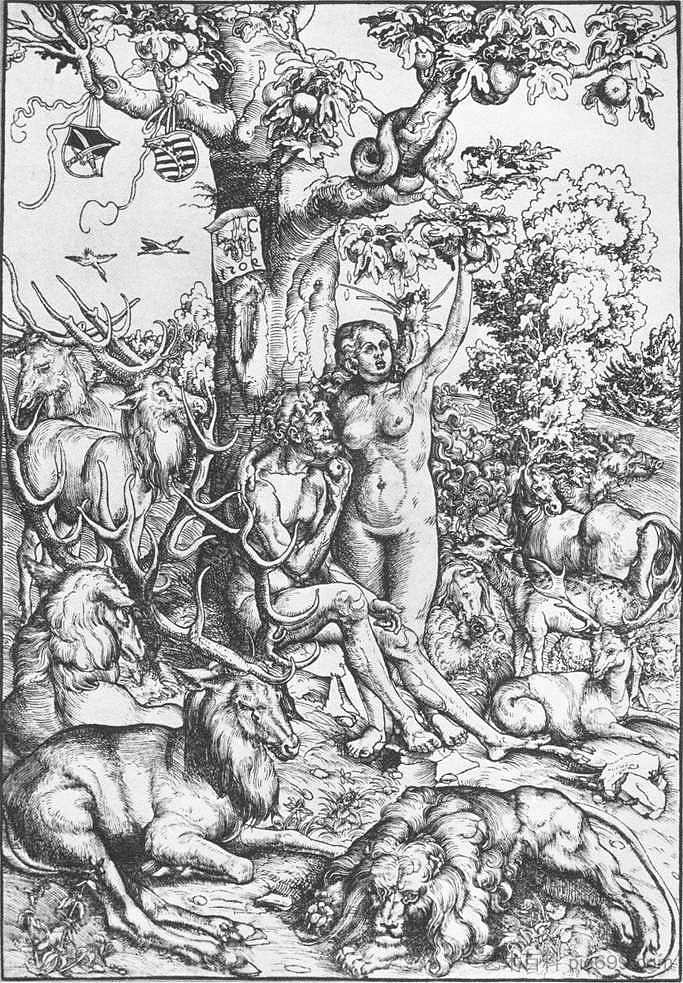 亚当和夏娃在天堂 Adam and Eve in Paradise (1509; Germany  )，大·卢卡斯·克拉纳赫