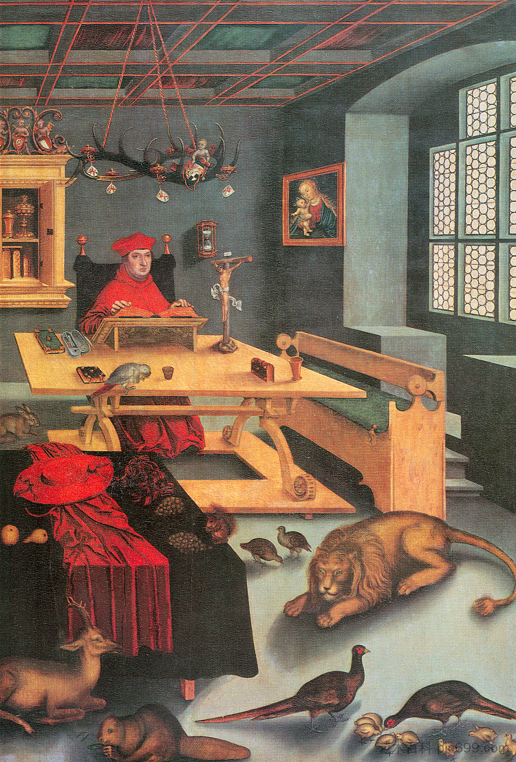 勃兰登堡的阿尔布雷希特饰演圣杰罗姆在他的书房里 Albrecht of Brandenburg as St. Jerome in his study (1526; Germany ),大·卢卡斯·克拉纳赫