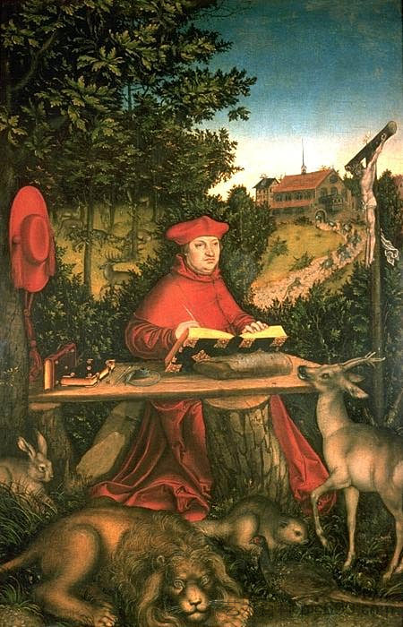 勃兰登堡的阿尔布雷希特饰演圣杰罗姆在他的书房里 Albrecht of Brandenburg as St. Jerome in his study (1527; Germany ),大·卢卡斯·克拉纳赫