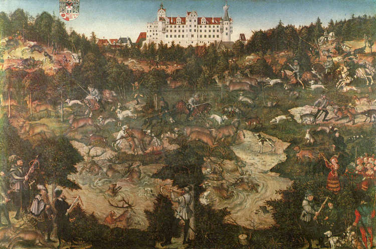 在托尔高城堡狩猎以纪念查理五世 Hunt in Honour of Charles V at the Castle of Torgau (1544; Germany  )，大·卢卡斯·克拉纳赫