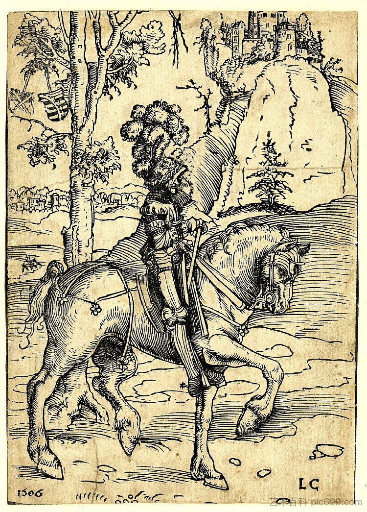 穿盔甲的骑士向右骑马 Knight in Armor Riding toward the Right (1506)，大·卢卡斯·克拉纳赫