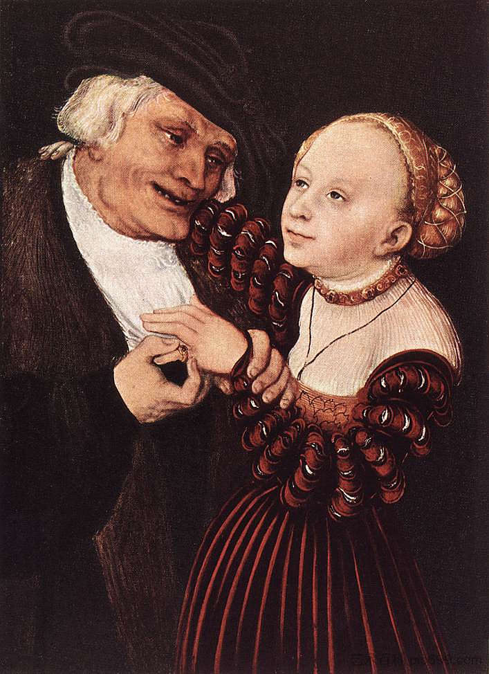 老人和年轻女子 Old Man and Young Woman (c.1530 - c.1540; Germany  )，大·卢卡斯·克拉纳赫