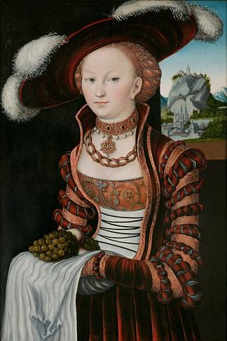一个年轻女子拿着葡萄和苹果的肖像 Portrait of a Young Woman Holding Grapes and Apples (1528; Germany                     )，大·卢卡斯·克拉纳赫
