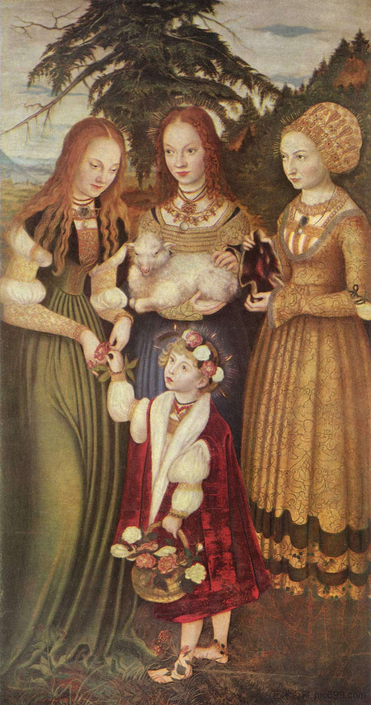 圣多萝西娅、艾格尼丝和库尼贡德 Saints Dorothea, Agnes and Kunigunde (1506; Germany  )，大·卢卡斯·克拉纳赫