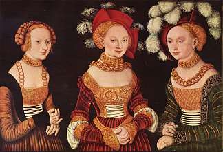 萨克森的三位公主，西比拉，艾米莉亚和西多尼亚，弗罗门公爵海因里希的女儿 Three princesses of Saxony, Sibylla, Emilia and Sidonia, daughters of Duke Heinrich of Frommen (c.1535; Germany                     )，大·卢卡斯·克拉纳赫