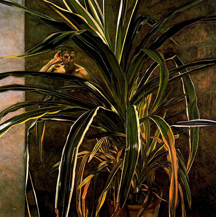 室内与植物，反射聆听（自画像） Interior with Plant, Reflection Listening (Self-Portrait) (1967 - 1968)，卢西安·弗洛伊德