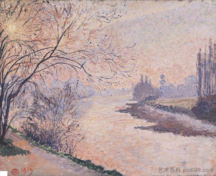 11月泰晤士河上的日落，邱园 November Sunset on the Thames, Kew (1919)，吕西安·毕沙罗