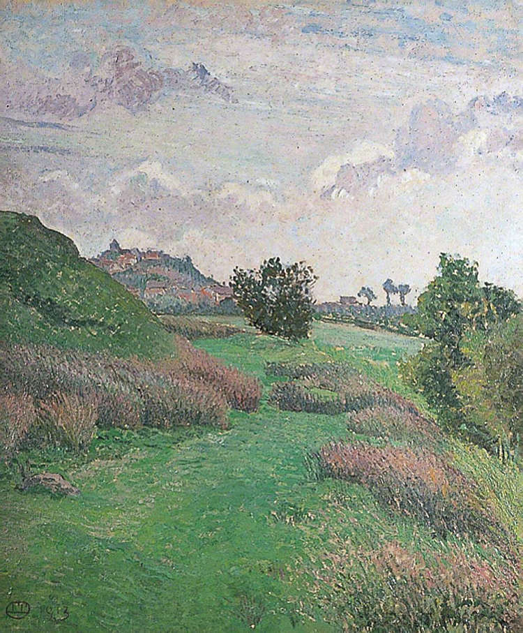来自东萨塞克斯郡卡德伯勒山的黑麦，灰色下午 Rye from Cadborough Hill, East Sussex, Grey Afternoon (1913)，吕西安·毕沙罗