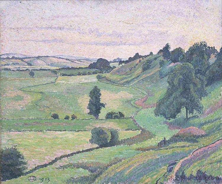 卡德伯勒的山丘，日落 The Hills from Cadborough, Sunset (1913)，吕西安·毕沙罗