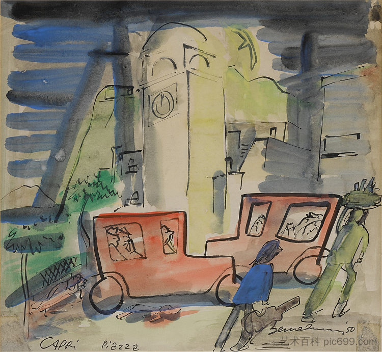 卡普里广场,《意大利假日》素描 Capri Piazza, Sketch for 'Italian Holiday' (c.1961),路德维希·贝梅尔曼斯