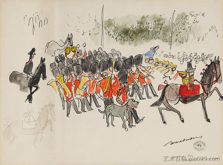 女王卫队，《玛德琳在伦敦》的素描 The Queen's Guard, Sketch for 'Madeline in London' (c.1961)，路德维希·贝梅尔曼斯